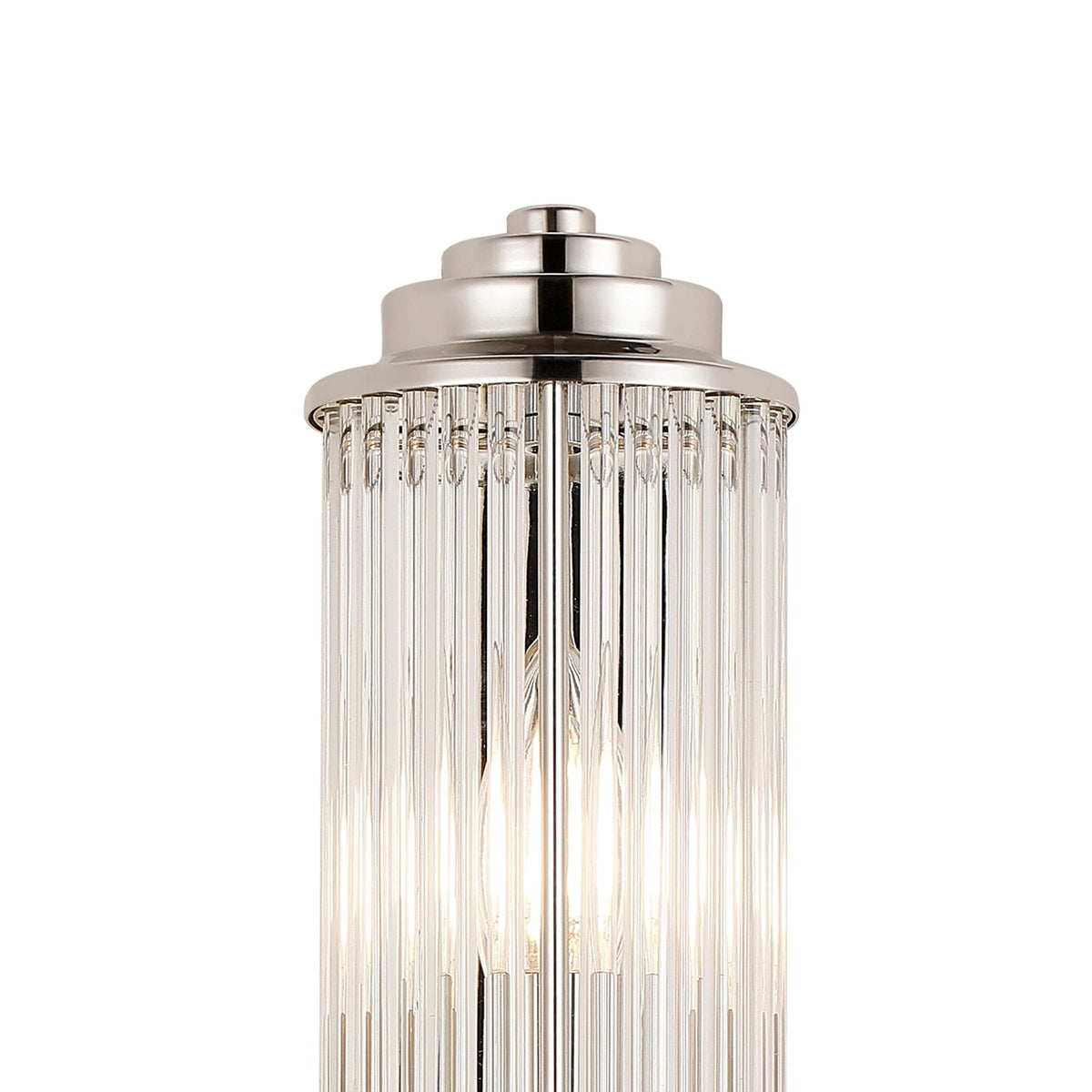 Tansley E14 Twin Lamp IP44 Flush Wall Light in Polished Nickel with Clear Glass Rods
