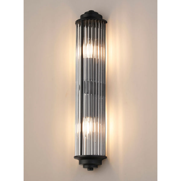 Tansley E14 Twin Lamp IP44 Flush Wall Light in Satin Black with Clear Glass Rods