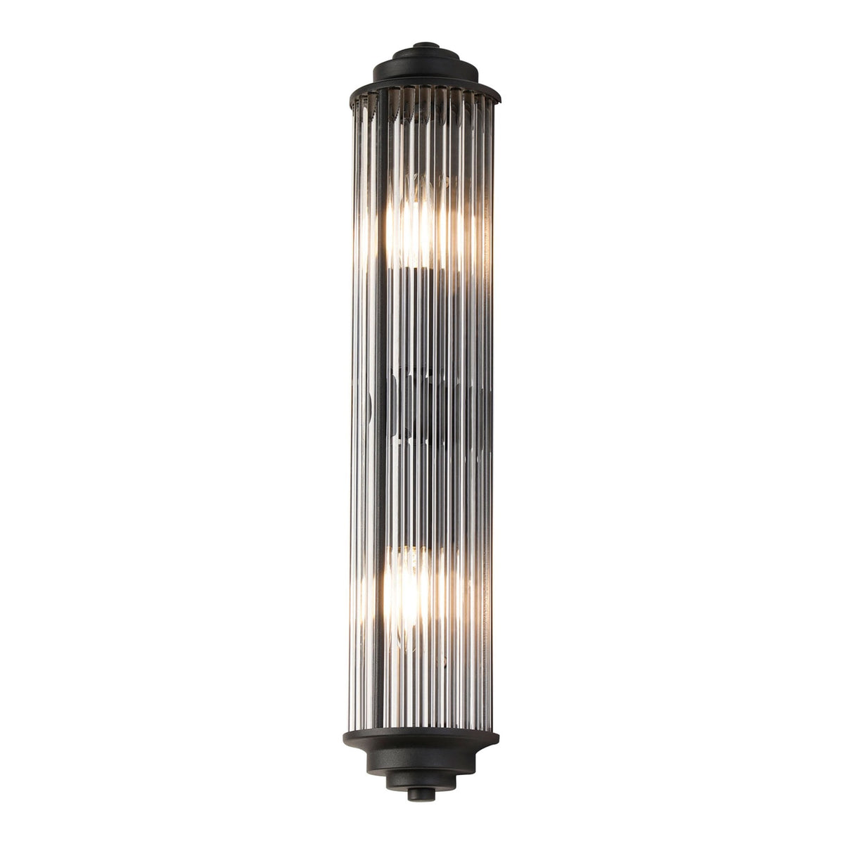 Tansley E14 Twin Lamp IP44 Flush Wall Light in Satin Black with Clear Glass Rods