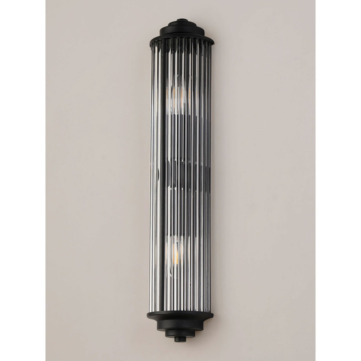 Tansley E14 Twin Lamp IP44 Flush Wall Light in Satin Black with Clear Glass Rods