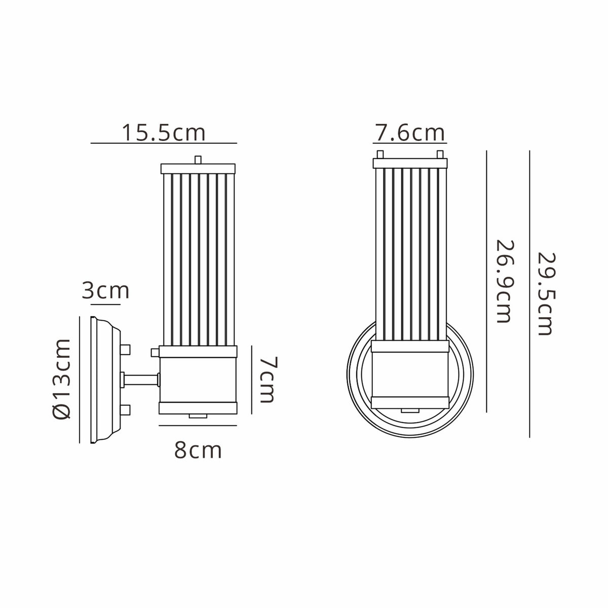 Line drawings showing precise dimensions of the brass wall light from side and front.