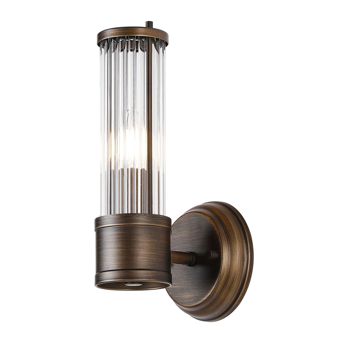A lit ribbed clear glass wall light with a brushed bronze base against a white background.