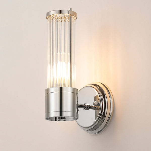 Tansley E14 IP44 Up Wall Light in Polished Nickel with Clear Glass Rods