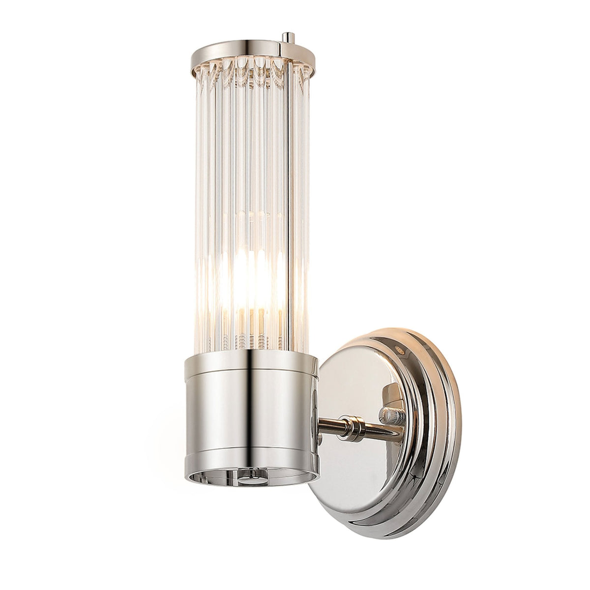 Tansley E14 IP44 Up Wall Light in Polished Nickel with Clear Glass Rods