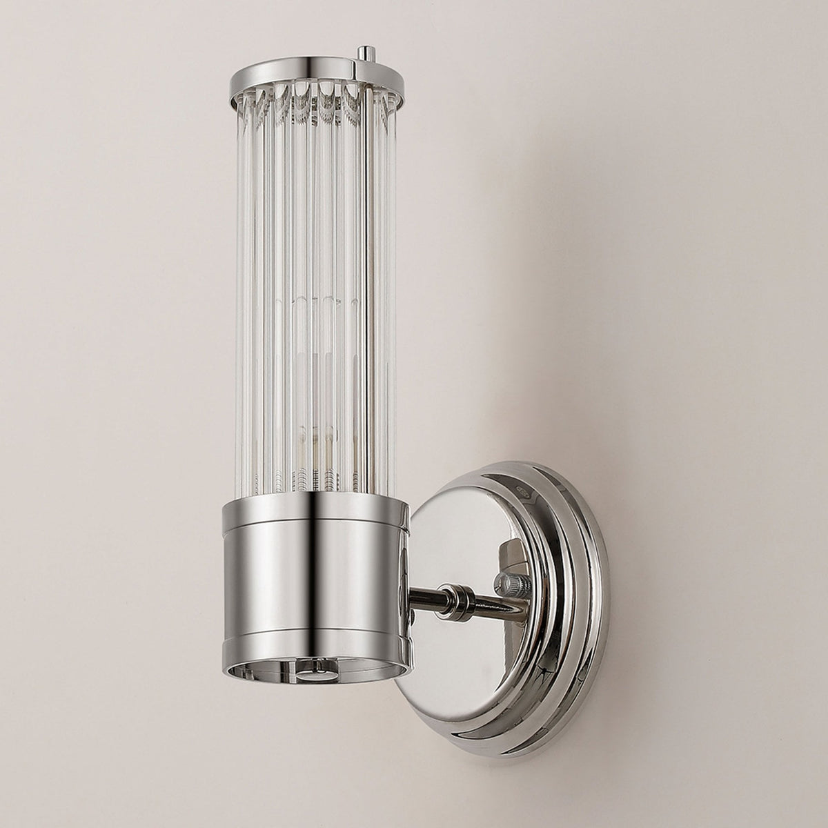 Tansley E14 IP44 Up Wall Light in Polished Nickel with Clear Glass Rods