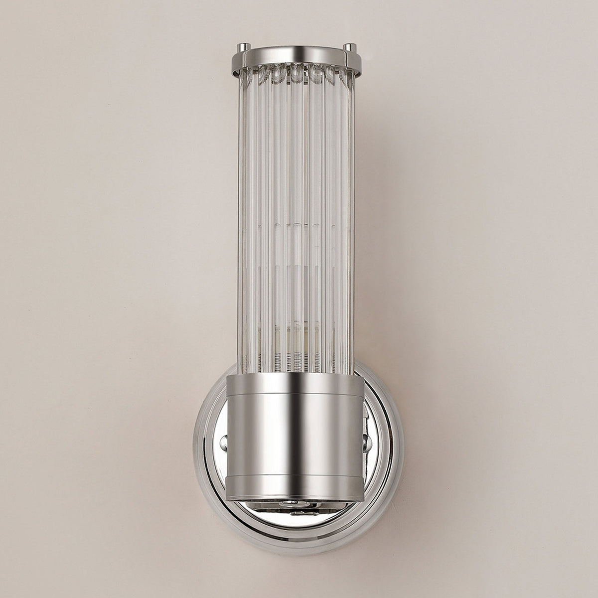Tansley E14 IP44 Up Wall Light in Polished Nickel with Clear Glass Rods