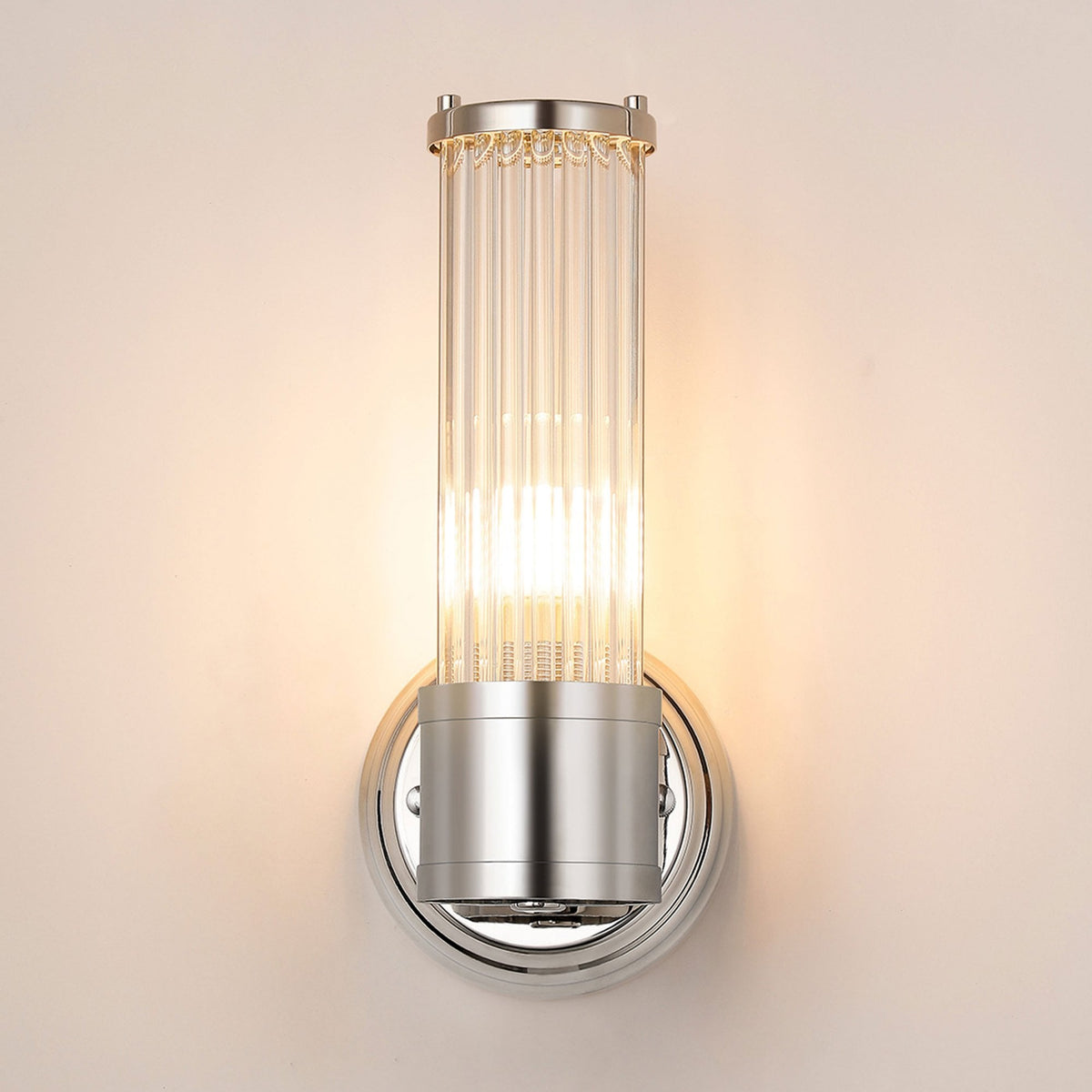 Tansley E14 IP44 Up Wall Light in Polished Nickel with Clear Glass Rods