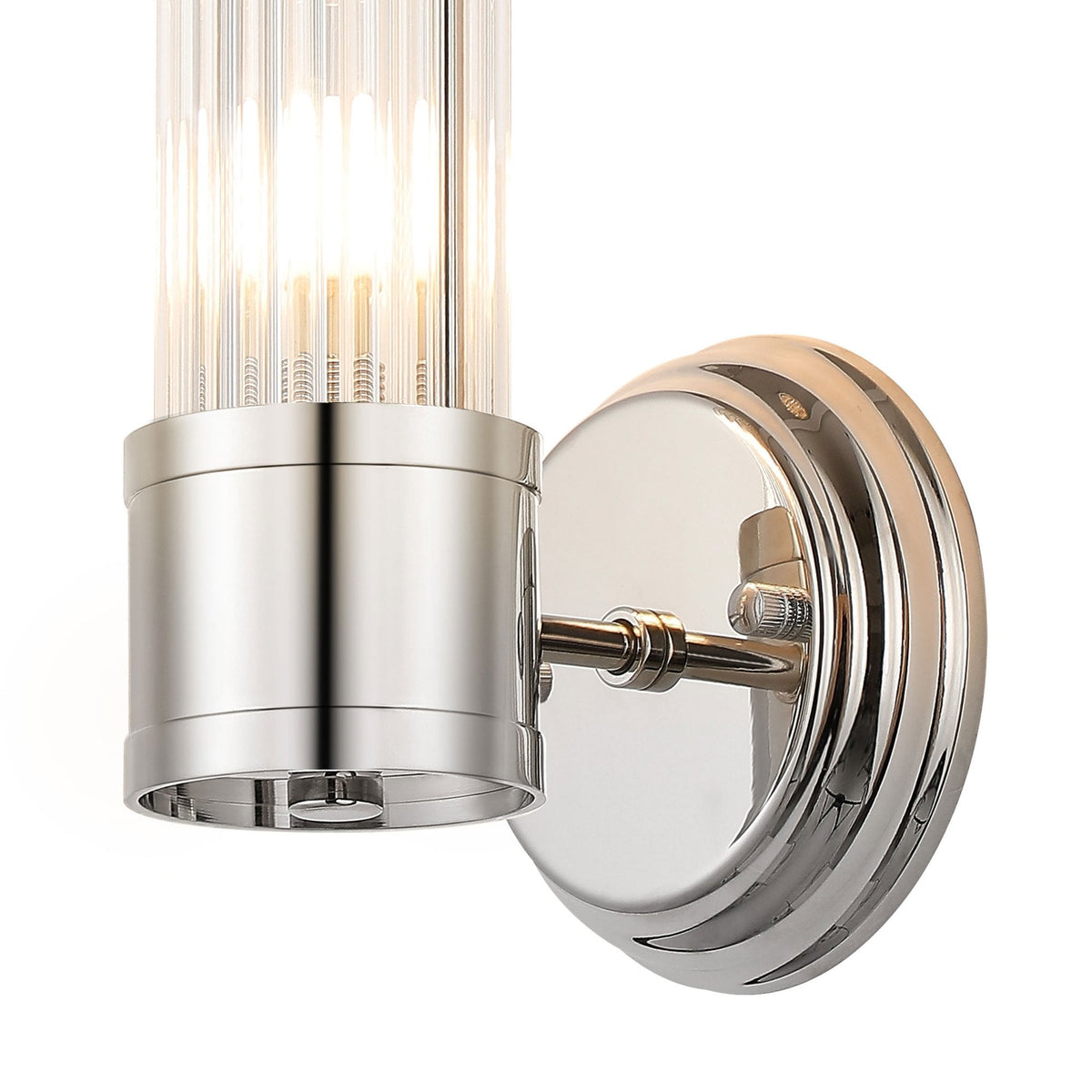 Tansley E14 IP44 Up Wall Light in Polished Nickel with Clear Glass Rods