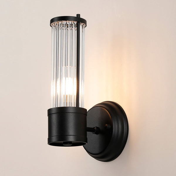 Tansley E14 IP44 Up Wall Light in Satin Black with Clear Glass Rods