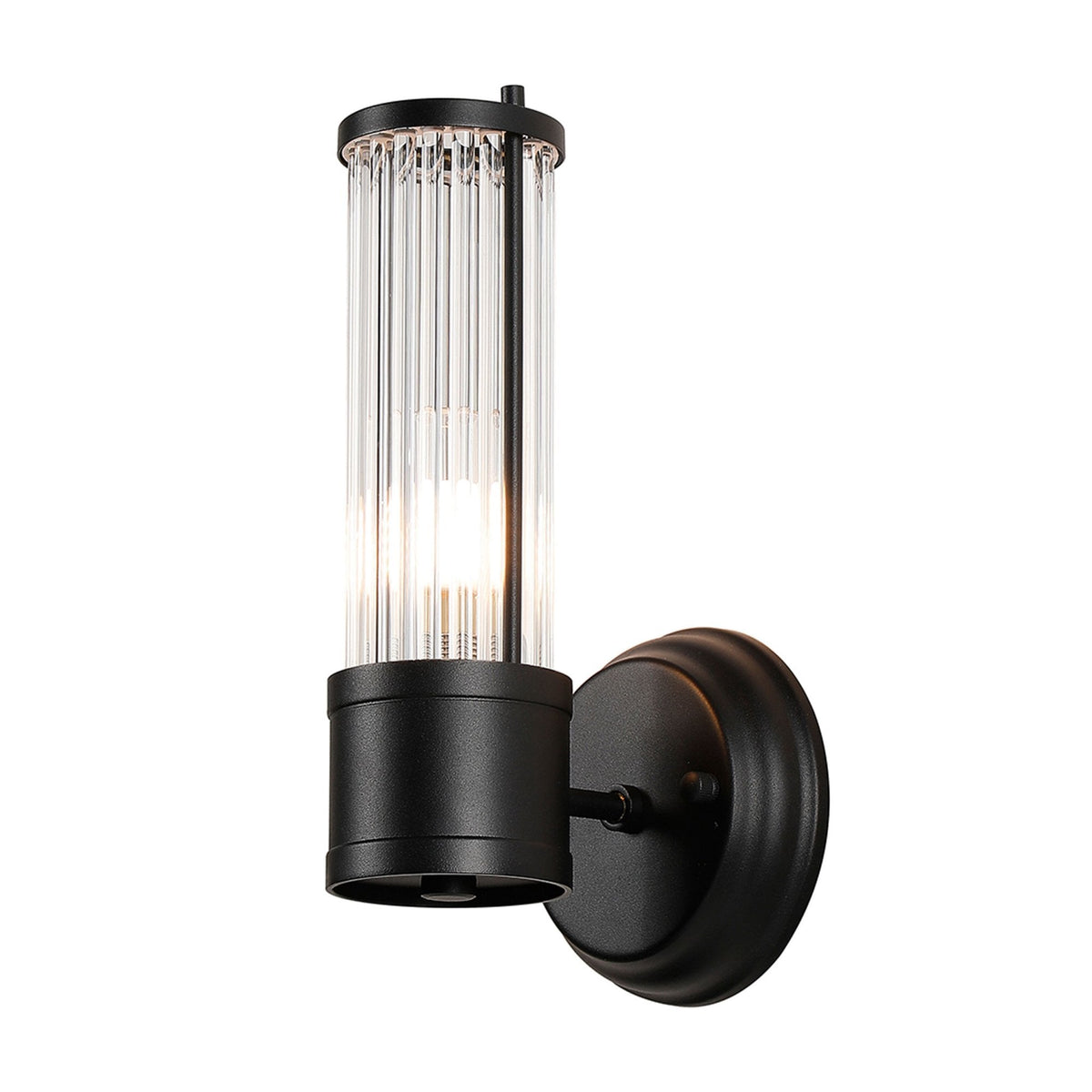 Tansley E14 IP44 Up Wall Light in Satin Black with Clear Glass Rods