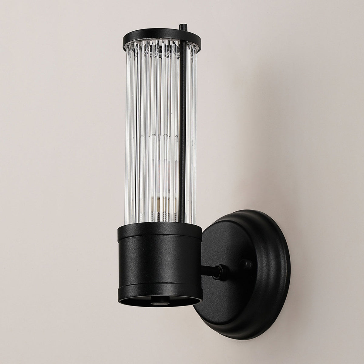 Tansley E14 IP44 Up Wall Light in Satin Black with Clear Glass Rods