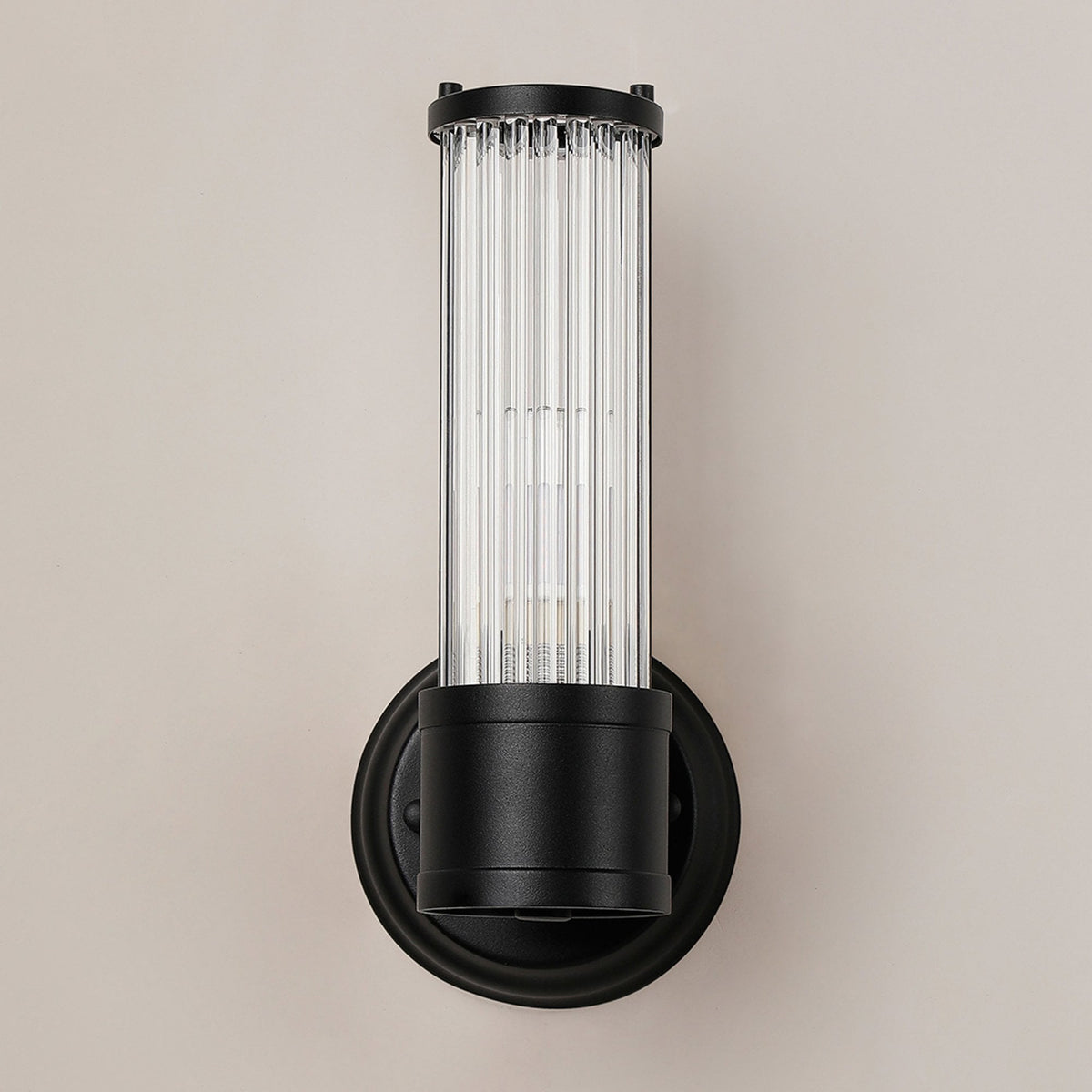 Tansley E14 IP44 Up Wall Light in Satin Black with Clear Glass Rods