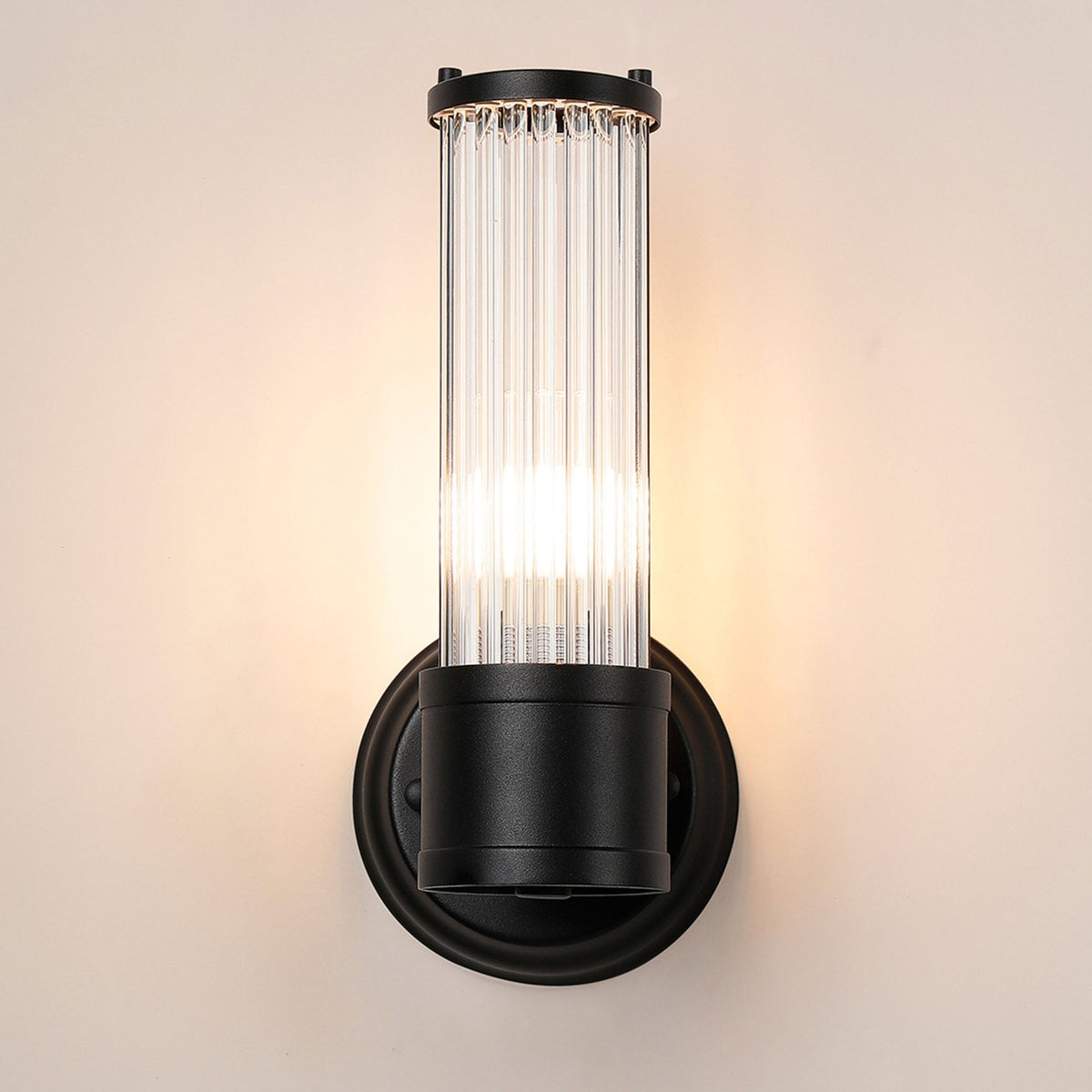 Tansley E14 IP44 Up Wall Light in Satin Black with Clear Glass Rods