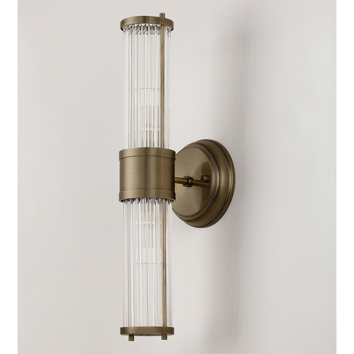 Tansley E14 IP44 Up & Down Wall Light in Antique Brass with Clear Glass Rods