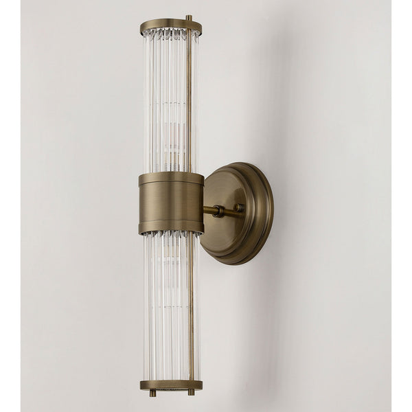 Tansley E14 IP44 Up & Down Wall Light in Antique Brass with Clear Glass Rods