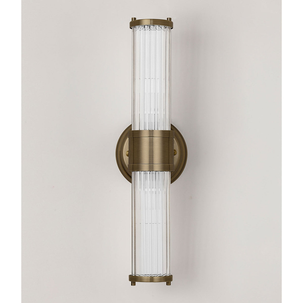Tansley E14 IP44 Up & Down Wall Light in Antique Brass with Clear Glass Rods