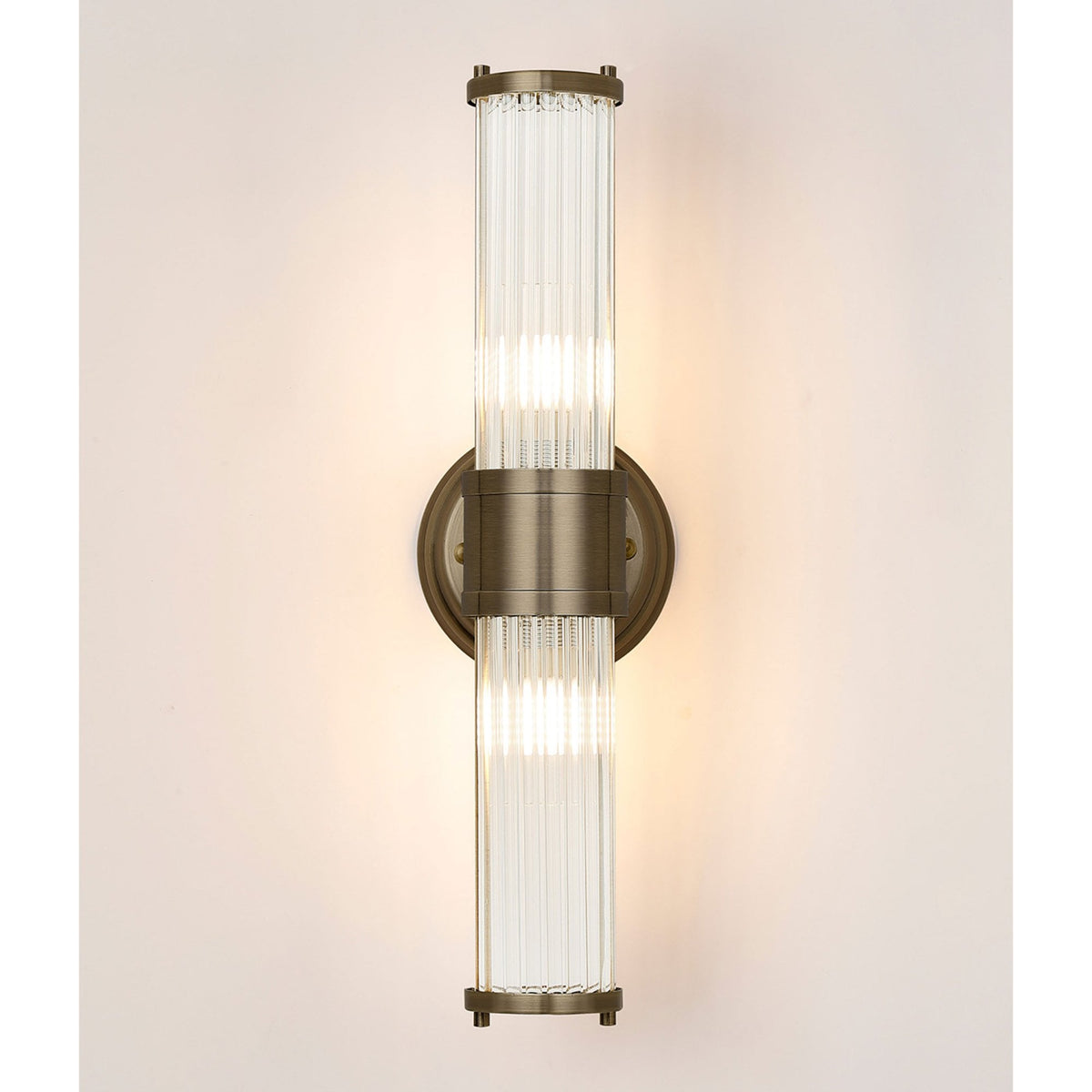 Tansley E14 IP44 Up & Down Wall Light in Antique Brass with Clear Glass Rods