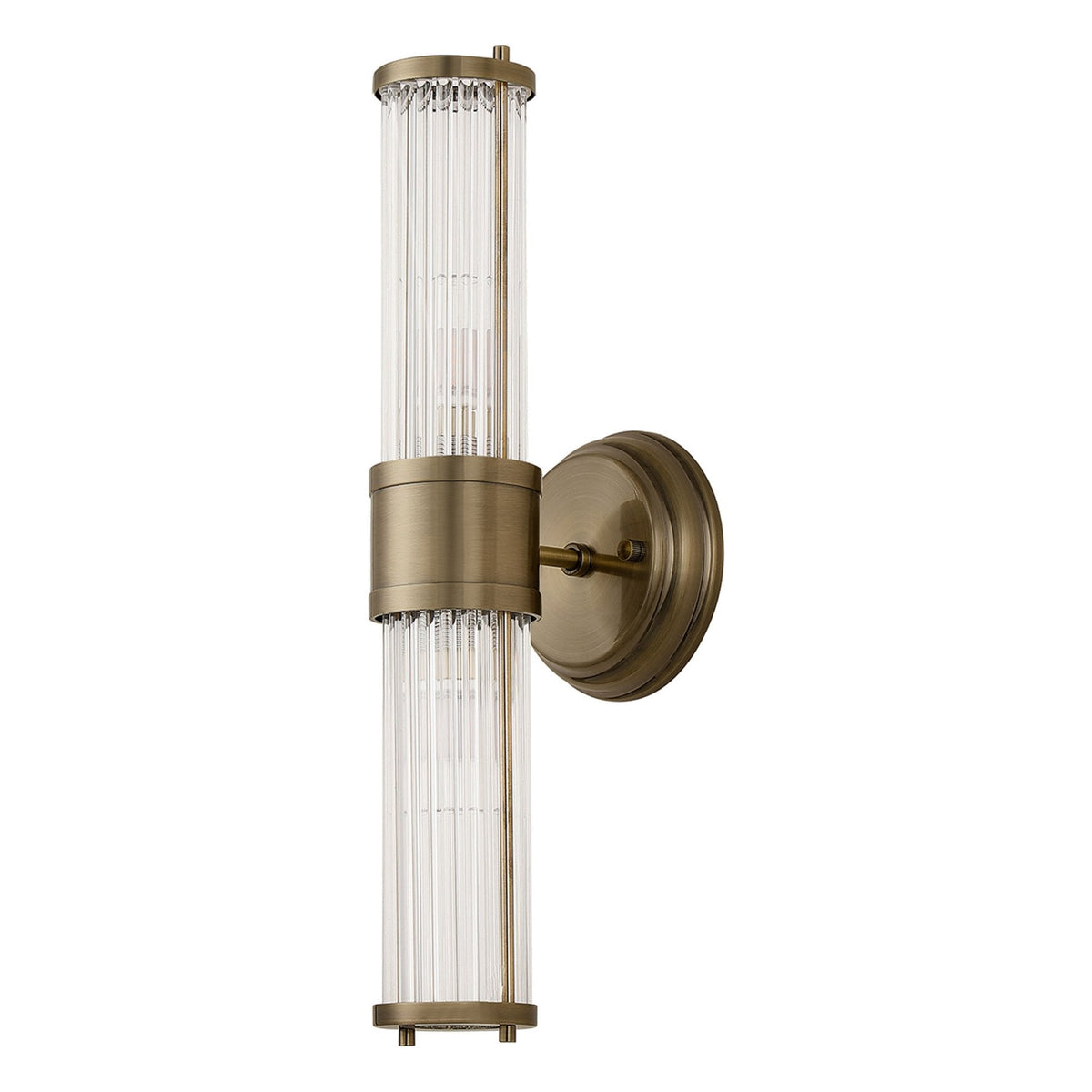 Tansley E14 IP44 Up & Down Wall Light in Antique Brass with Clear Glass Rods
