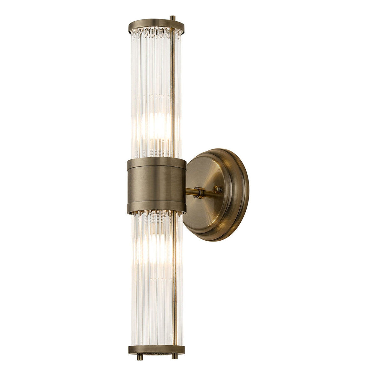 Tansley E14 IP44 Up & Down Wall Light in Antique Brass with Clear Glass Rods