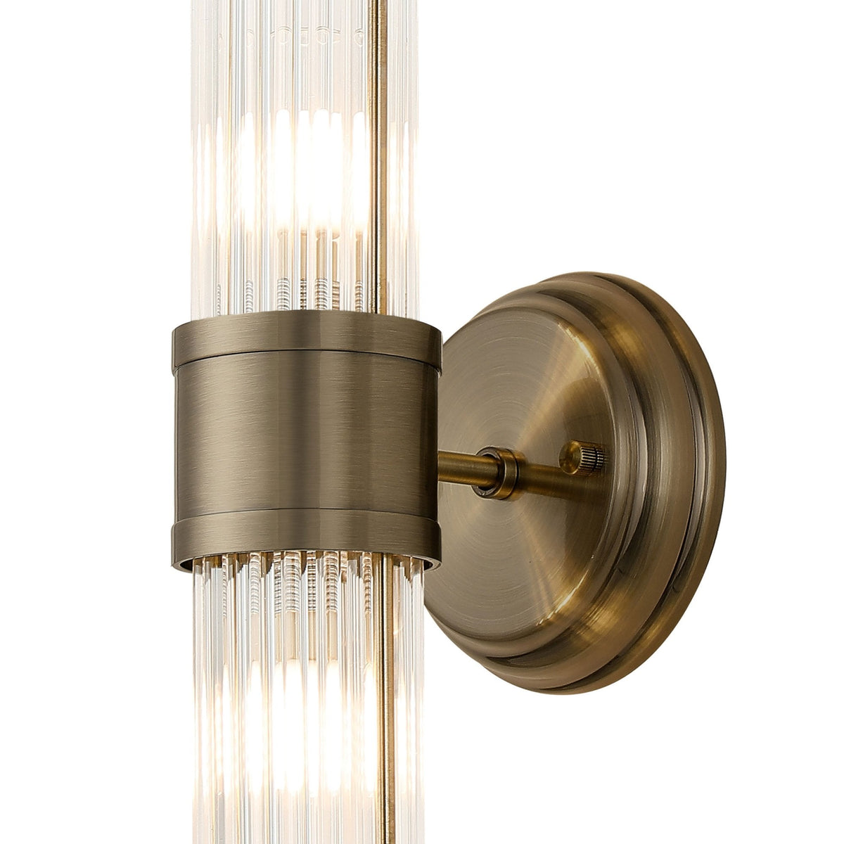 Tansley E14 IP44 Up & Down Wall Light in Antique Brass with Clear Glass Rods