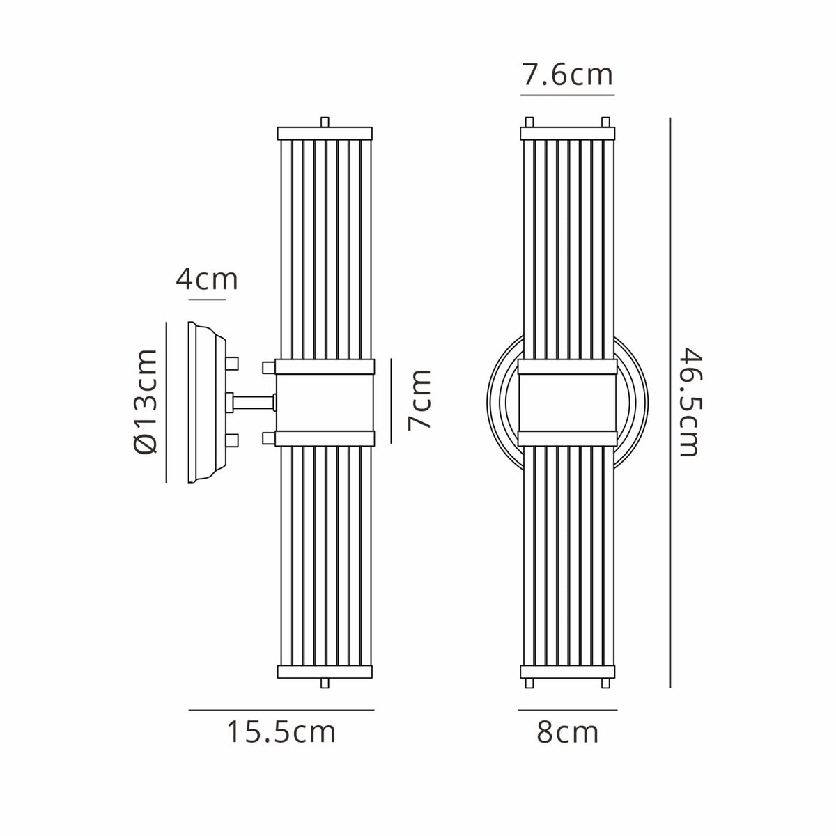 Tansley E14 IP44 Up & Down Wall Light in Polished Nickel with Clear Glass Rods