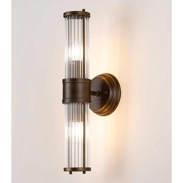 Tansley E14 IP44 Up & Down Wall Light in Bronze with Clear Glass Rods