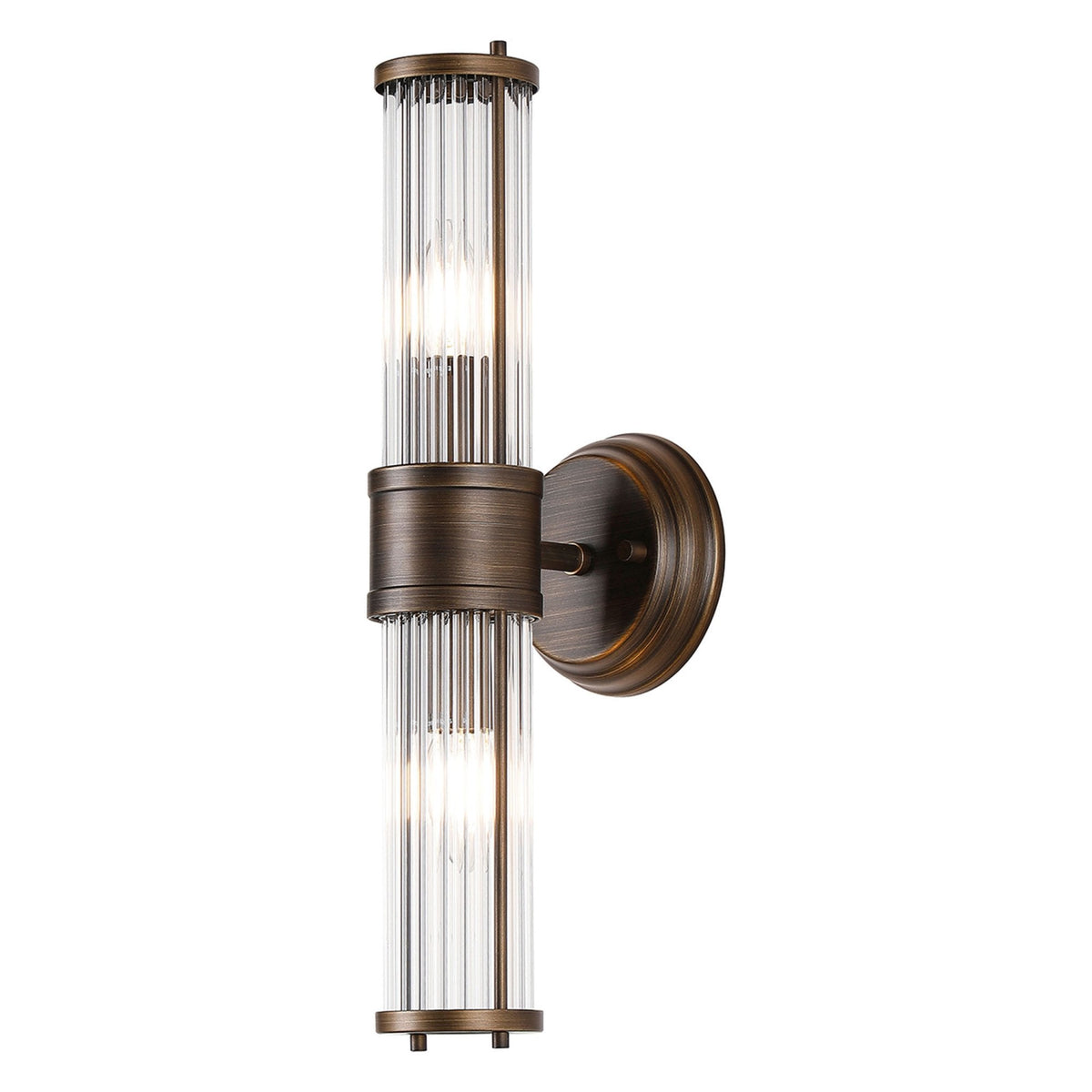 Tansley E14 IP44 Up & Down Wall Light in Bronze with Clear Glass Rods