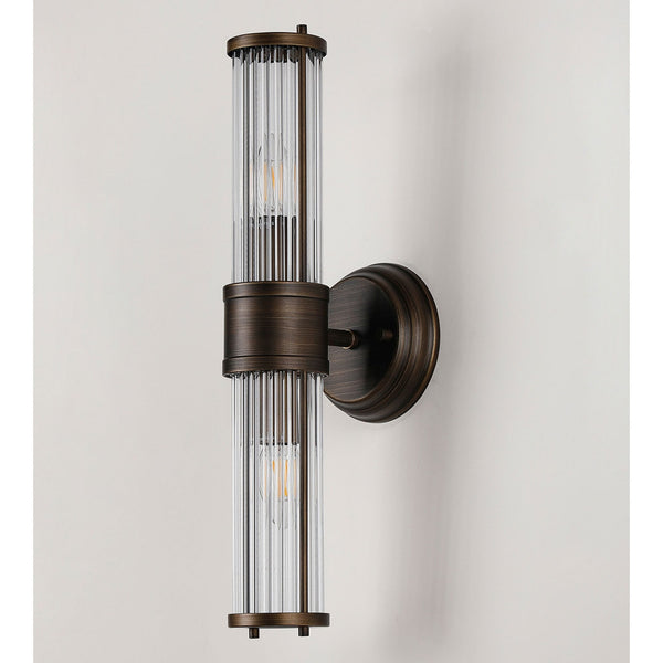 Tansley E14 IP44 Up & Down Wall Light in Bronze with Clear Glass Rods