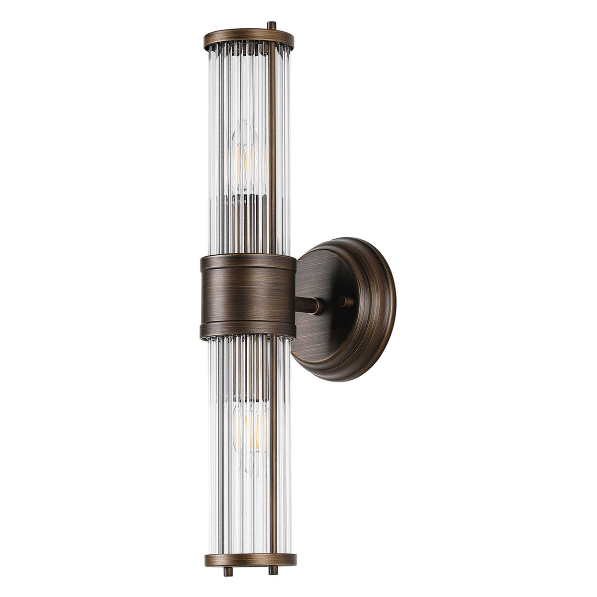 Tansley E14 IP44 Up & Down Wall Light in Bronze with Clear Glass Rods