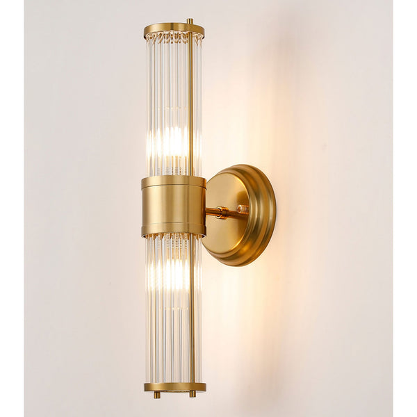 Tansley E14 IP44 Up & Down Wall Light in Gold with Clear Glass Rods