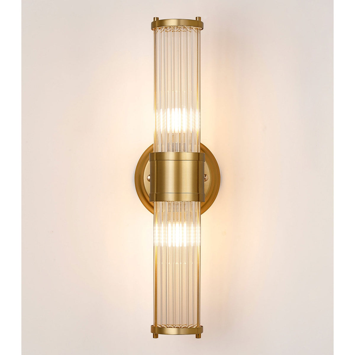 Tansley E14 IP44 Up & Down Wall Light in Gold with Clear Glass Rods