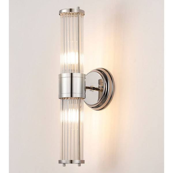 Tansley E14 IP44 Up & Down Wall Light in Polished Nickel with Clear Glass Rods