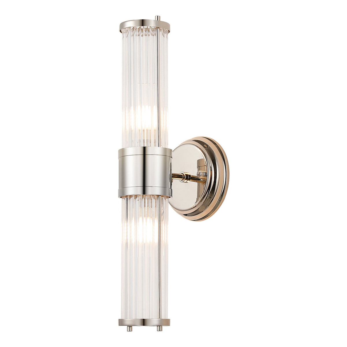 Tansley E14 IP44 Up & Down Wall Light in Polished Nickel with Clear Glass Rods