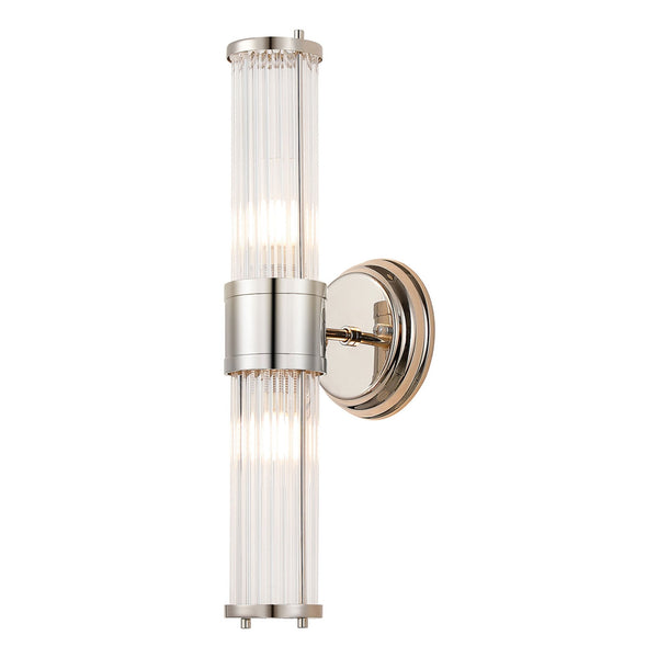 Tansley E14 IP44 Up & Down Wall Light in Polished Nickel with Clear Glass Rods
