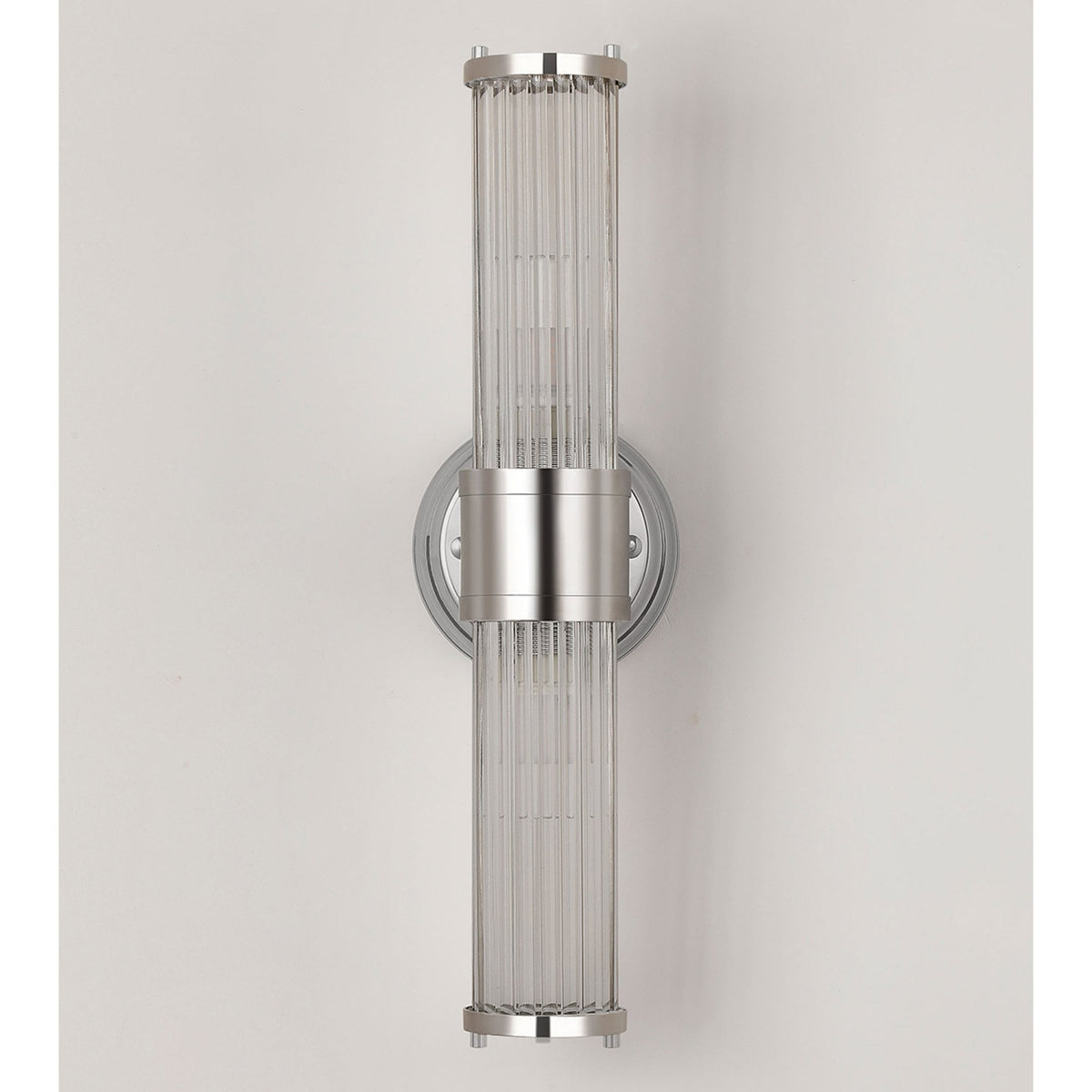 Tansley E14 IP44 Up & Down Wall Light in Polished Nickel with Clear Glass Rods