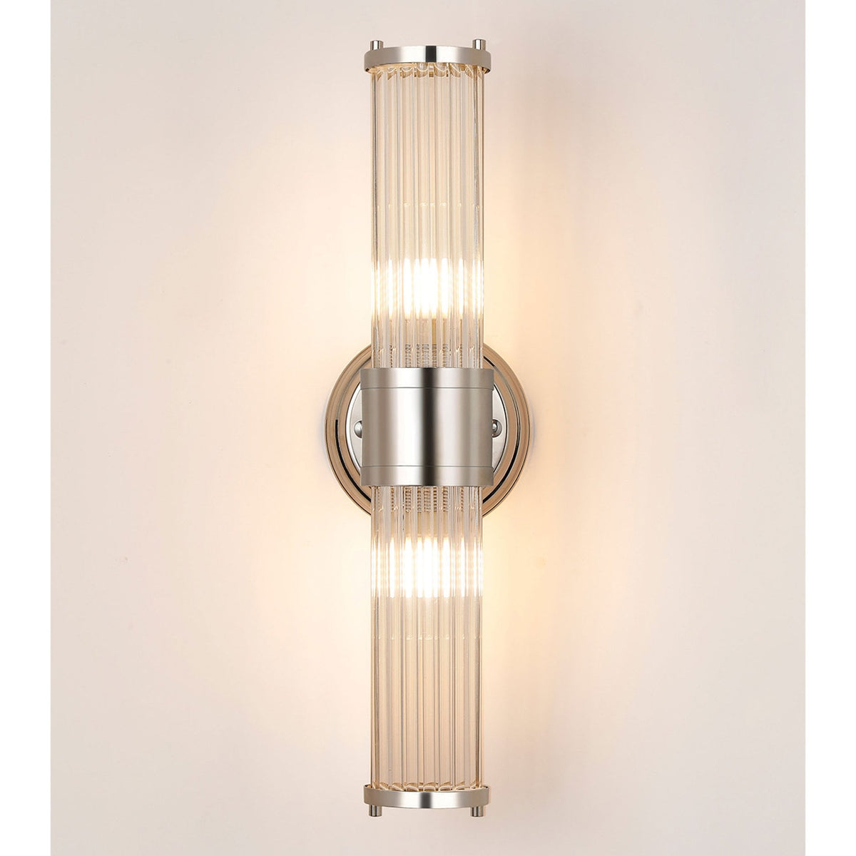 Tansley E14 IP44 Up & Down Wall Light in Polished Nickel with Clear Glass Rods