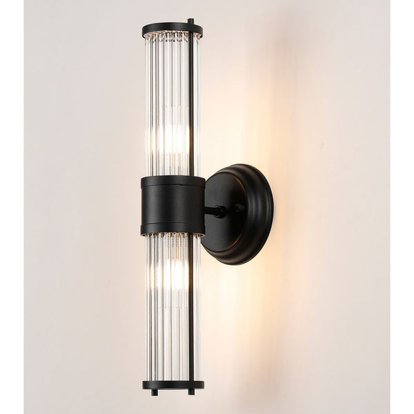 Tansley E14 IP44 Up & Down Wall Light in Satin Black with Clear Glass Rods