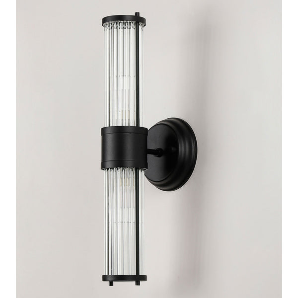 Tansley E14 IP44 Up & Down Wall Light in Satin Black with Clear Glass Rods