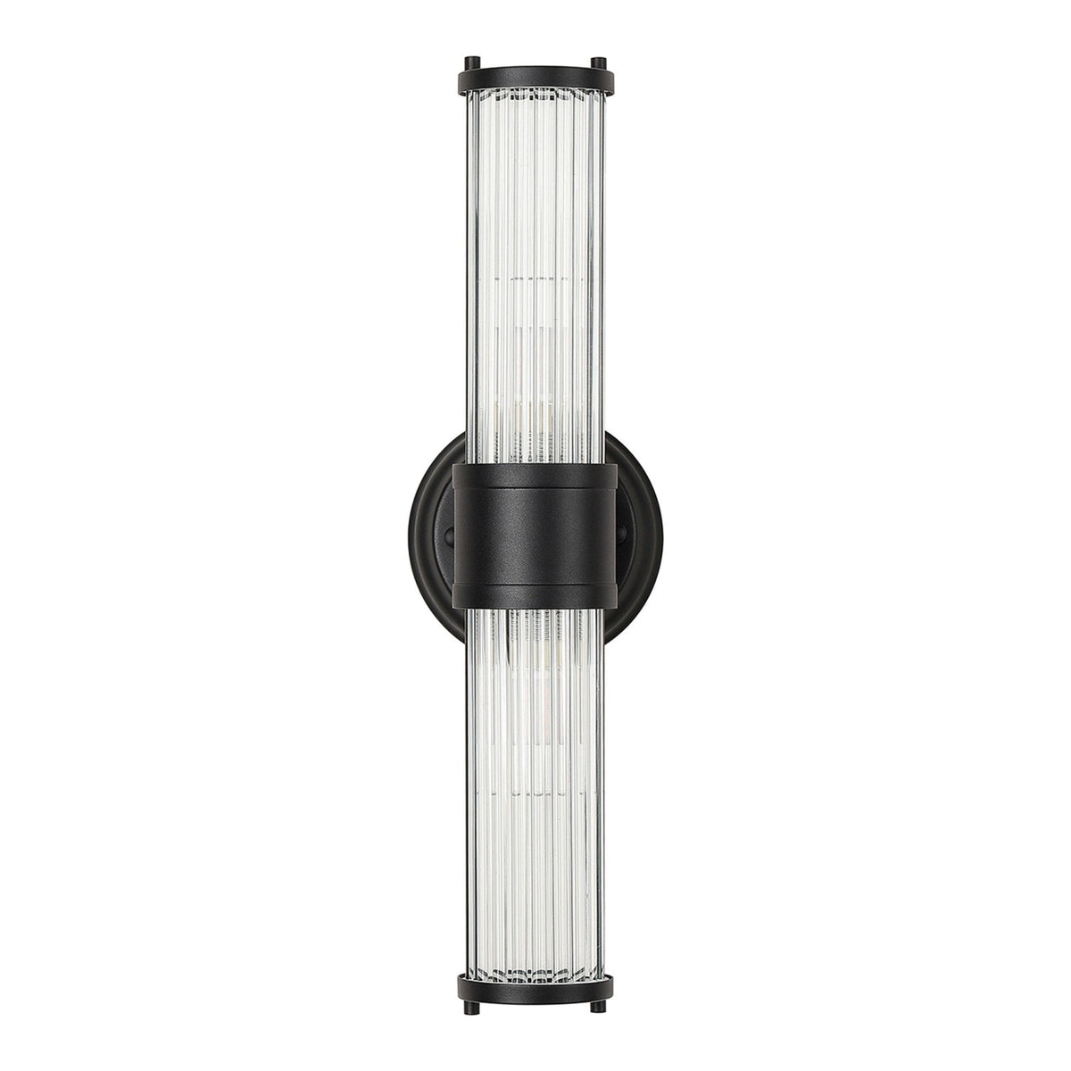 Tansley E14 IP44 Up & Down Wall Light in Satin Black with Clear Glass Rods