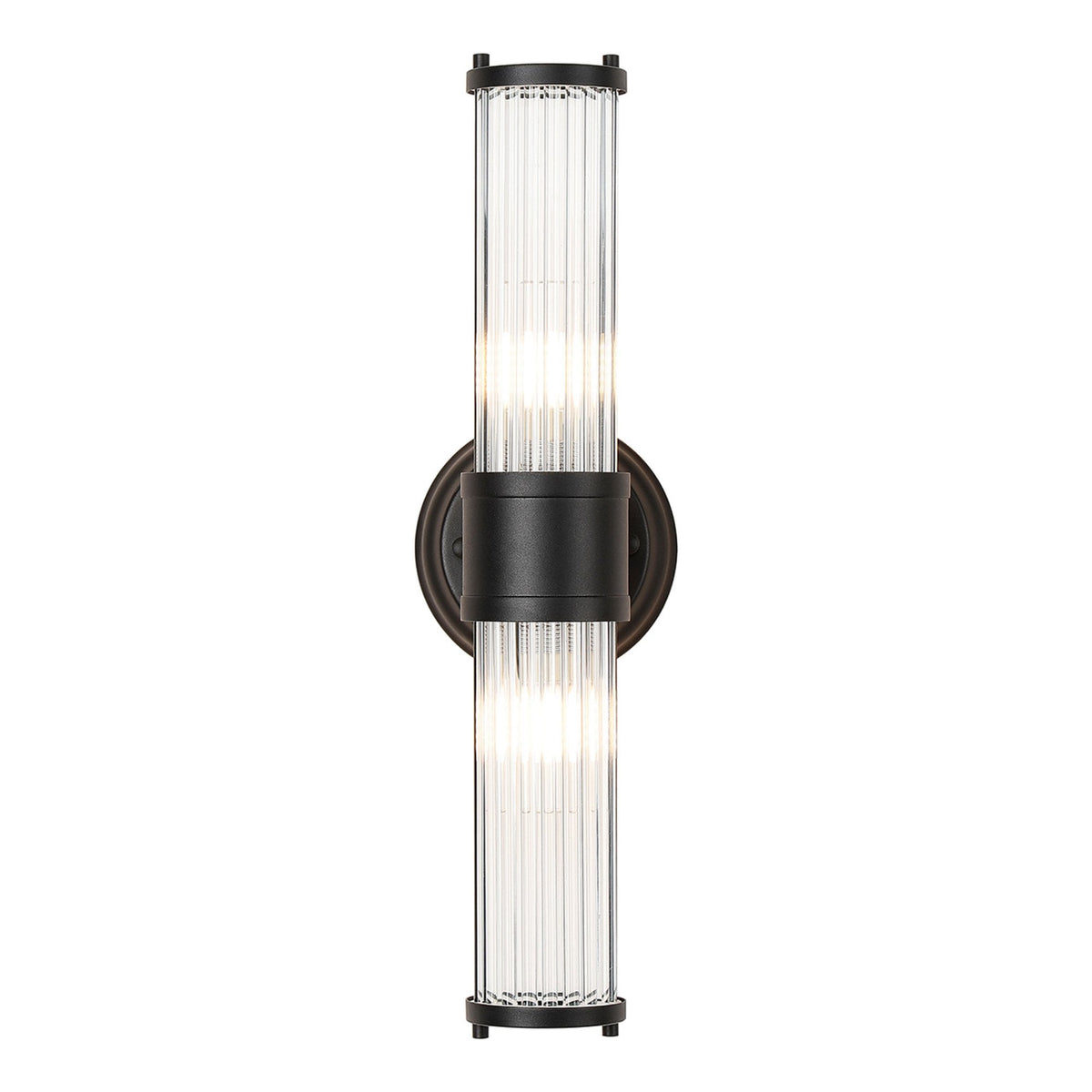 Tansley E14 IP44 Up & Down Wall Light in Satin Black with Clear Glass Rods