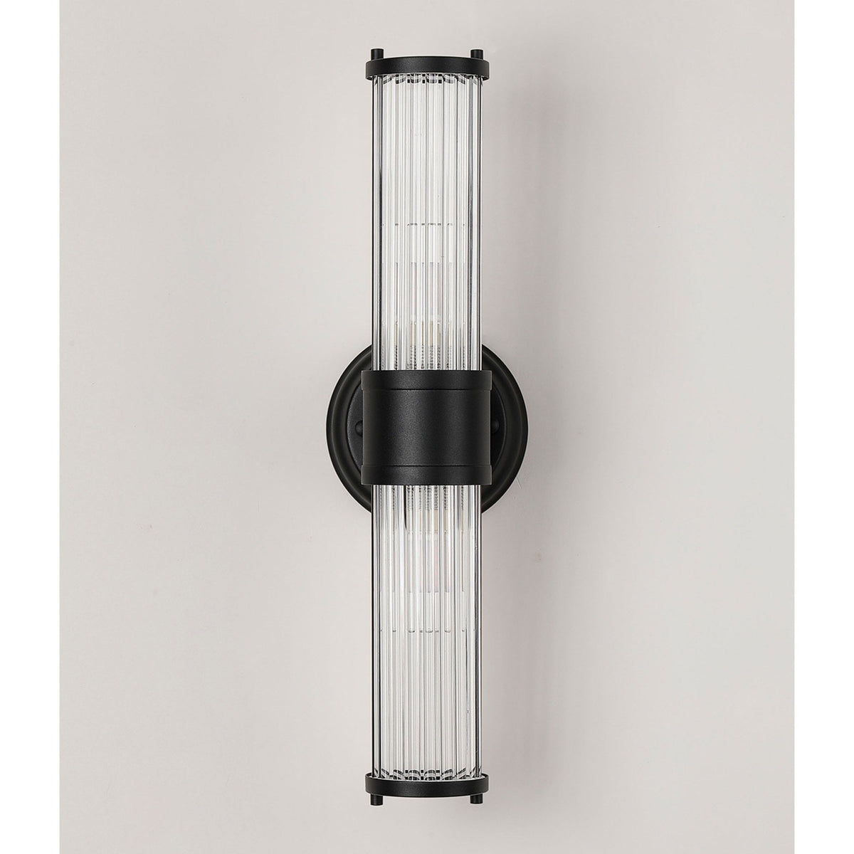 Tansley E14 IP44 Up & Down Wall Light in Satin Black with Clear Glass Rods