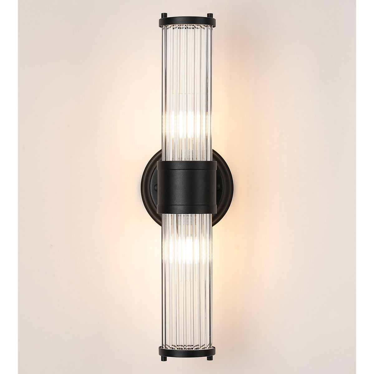 Tansley E14 IP44 Up & Down Wall Light in Satin Black with Clear Glass Rods