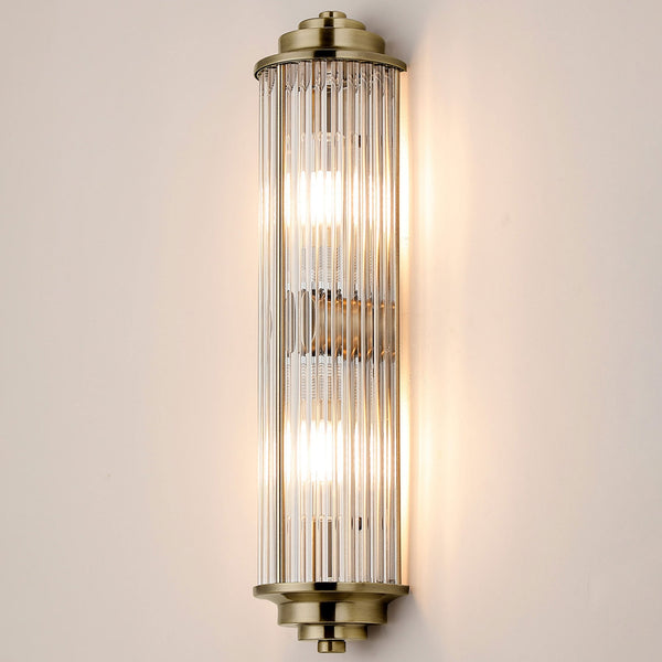 Tansley G9 Twin Lamp IP44 Flush Wall Light in Antique Brass with Clear Glass Rods