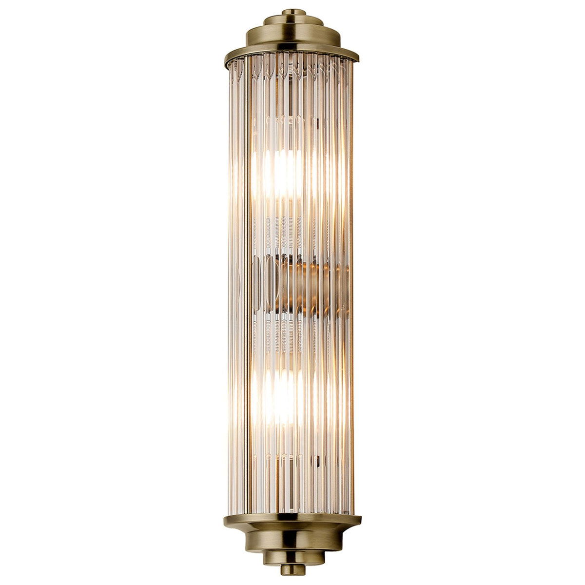 Tansley G9 Twin Lamp IP44 Flush Wall Light in Antique Brass with Clear Glass Rods