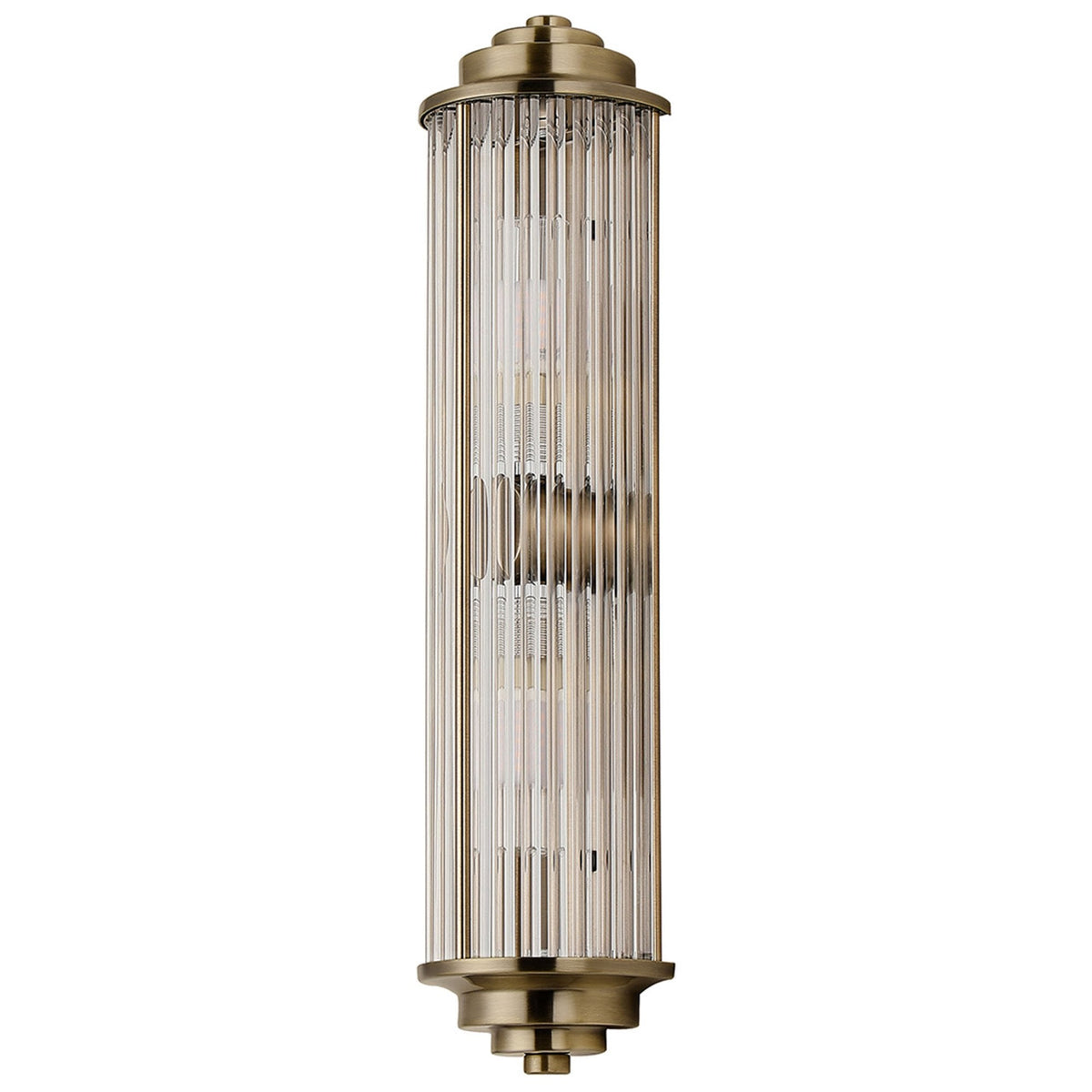Tansley G9 Twin Lamp IP44 Flush Wall Light in Antique Brass with Clear Glass Rods
