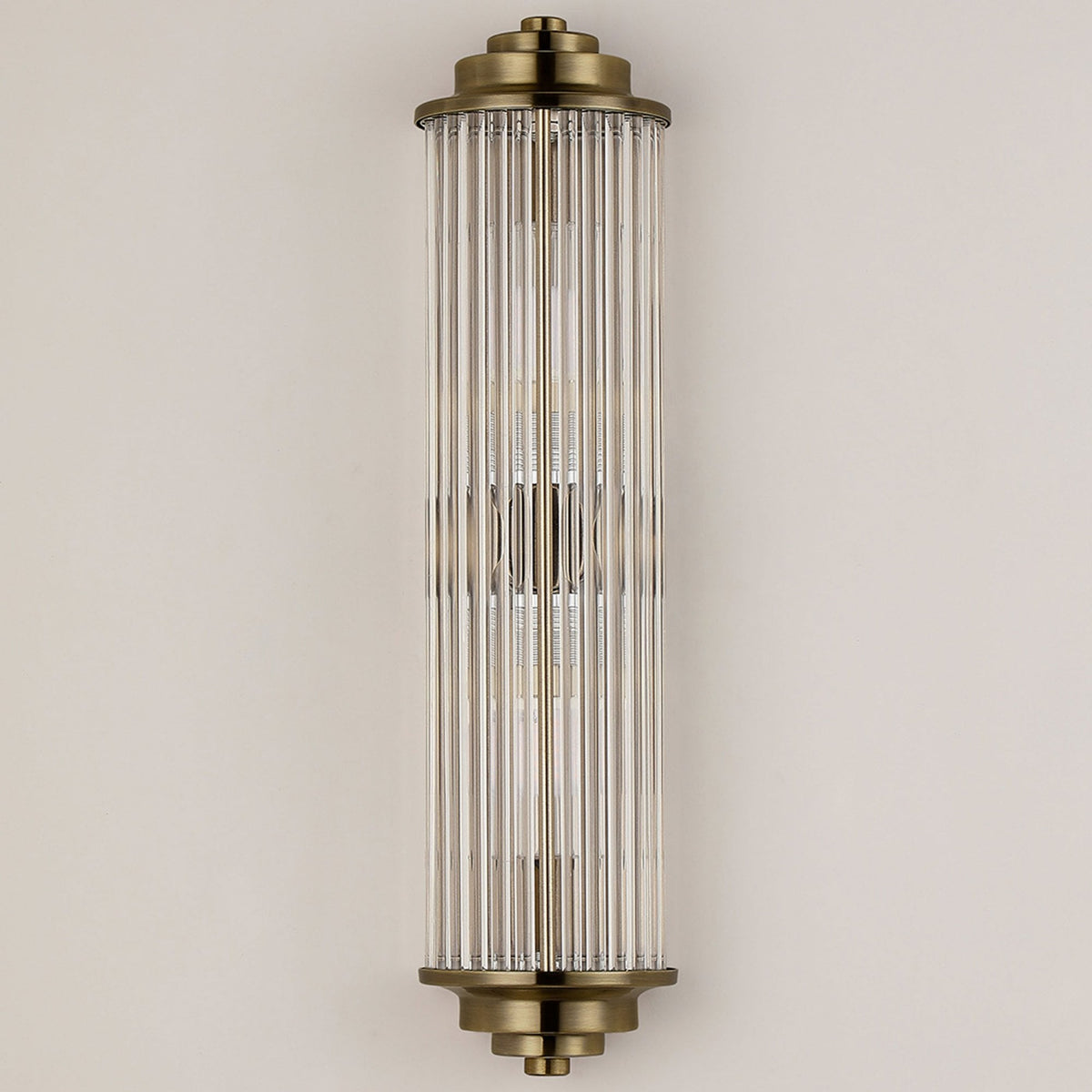 Tansley G9 Twin Lamp IP44 Flush Wall Light in Antique Brass with Clear Glass Rods