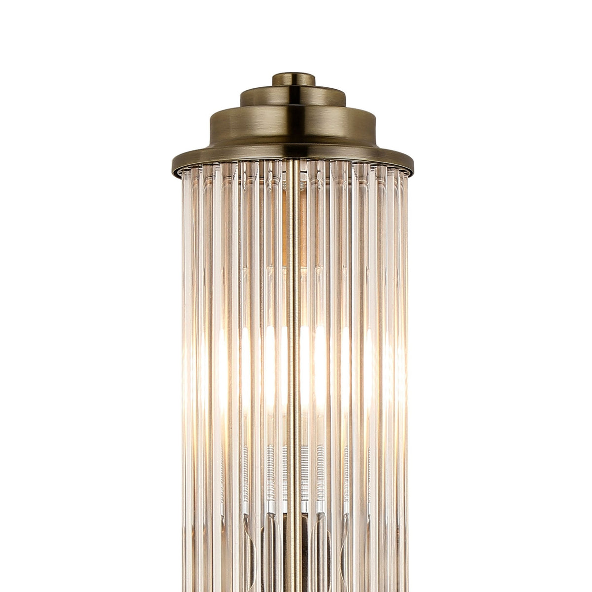 Tansley G9 Twin Lamp IP44 Flush Wall Light in Antique Brass with Clear Glass Rods
