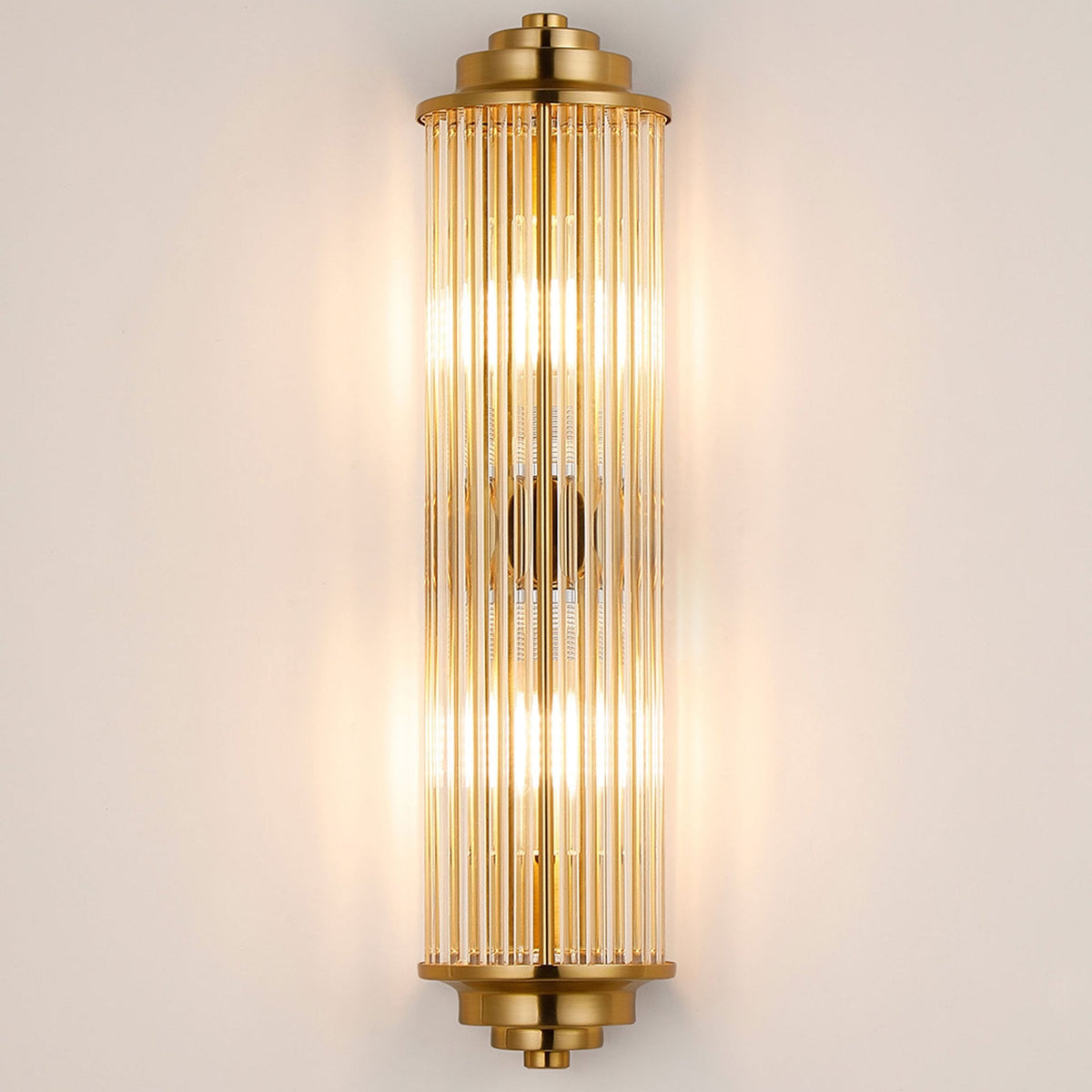 Tansley G9 Twin Lamp IP44 Flush Wall Light in Gold with Clear Glass Rods