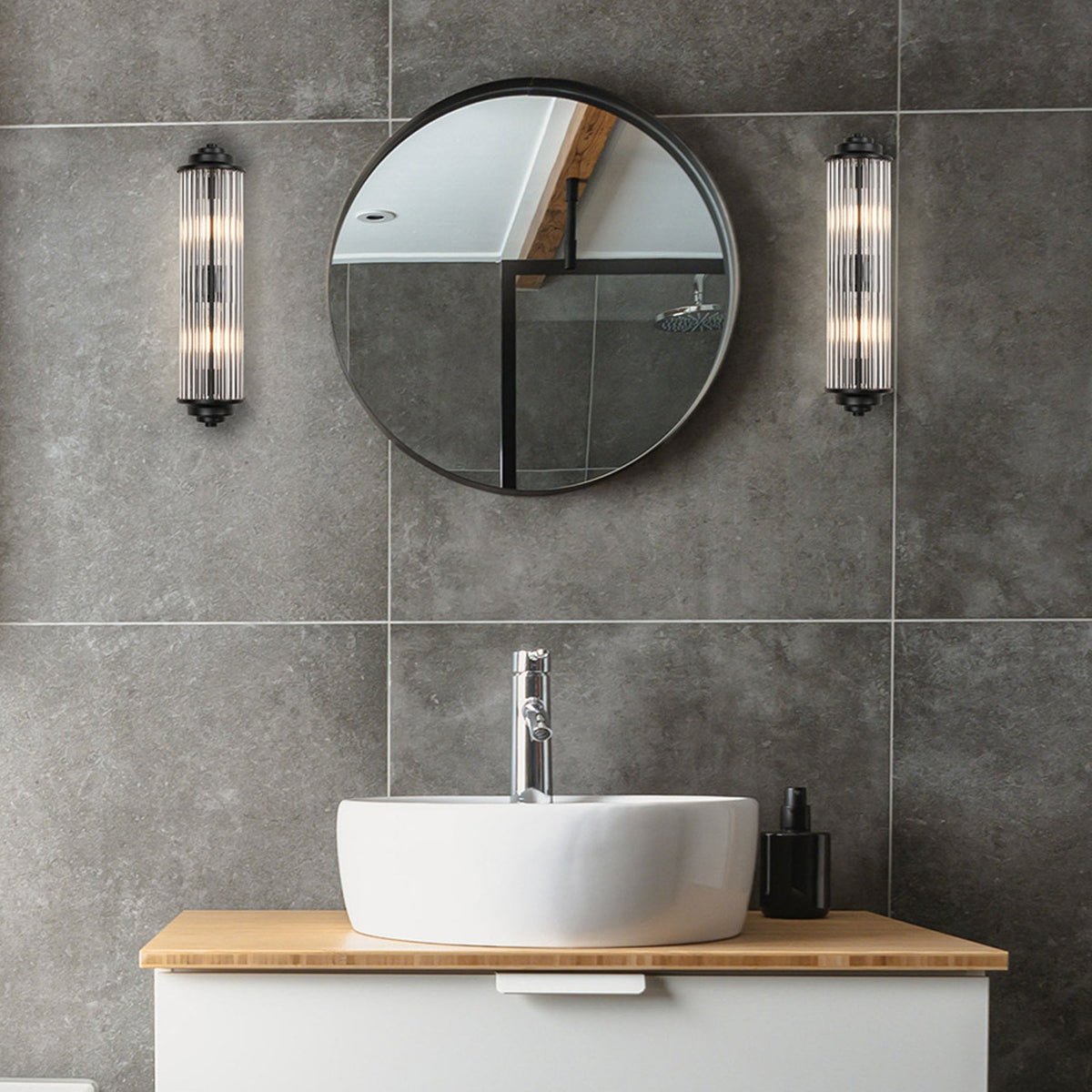 Tansley G9 Twin Lamp IP44 Flush Wall Light in Satin Black with Clear Glass Rods