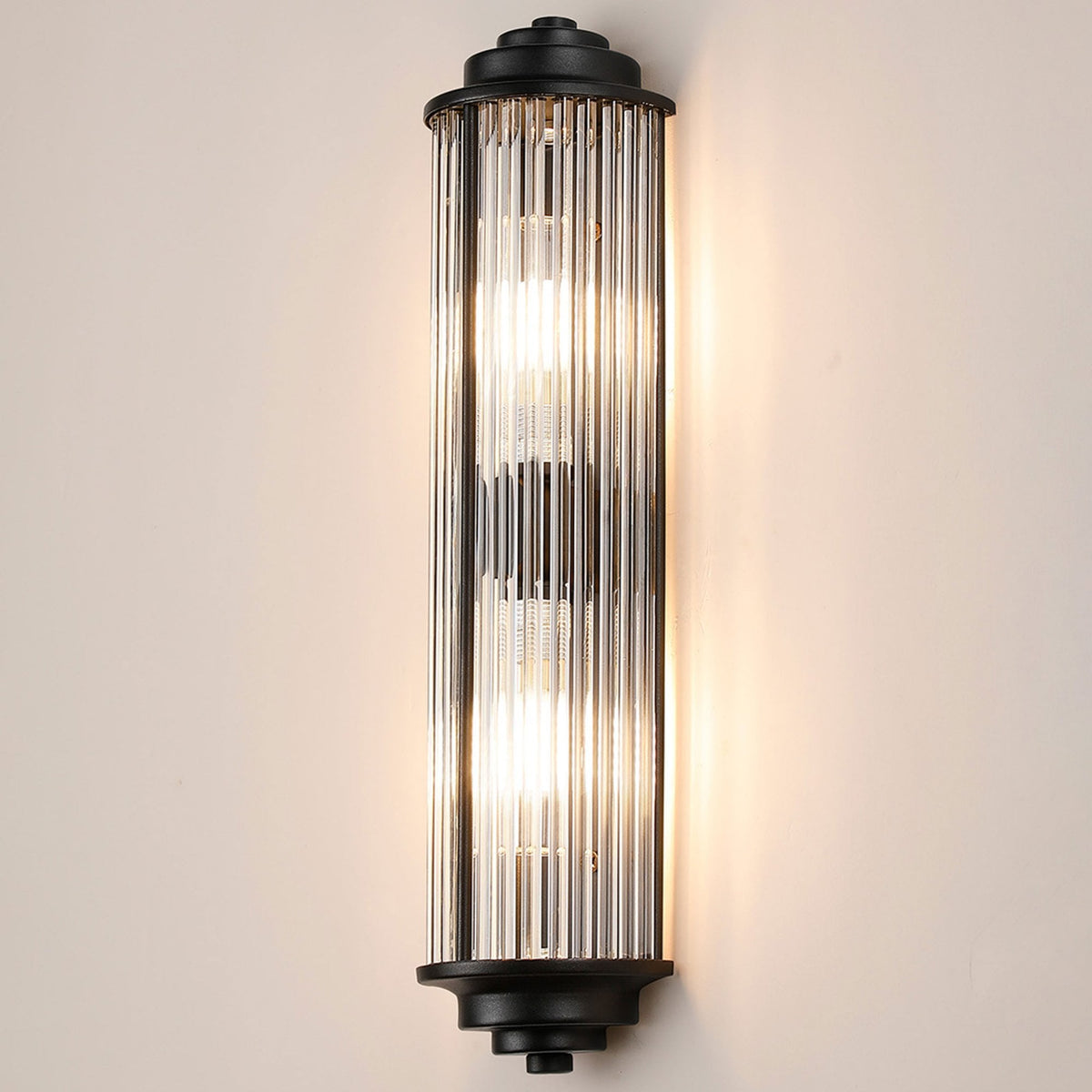Tansley G9 Twin Lamp IP44 Flush Wall Light in Satin Black with Clear Glass Rods